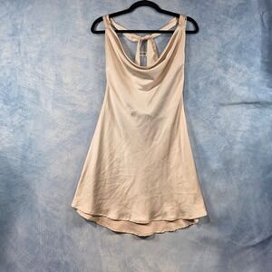 Hello Molly Champagne Satin Cowl Neck Mini Dress Open Back Tie US 8 L Pink Beige